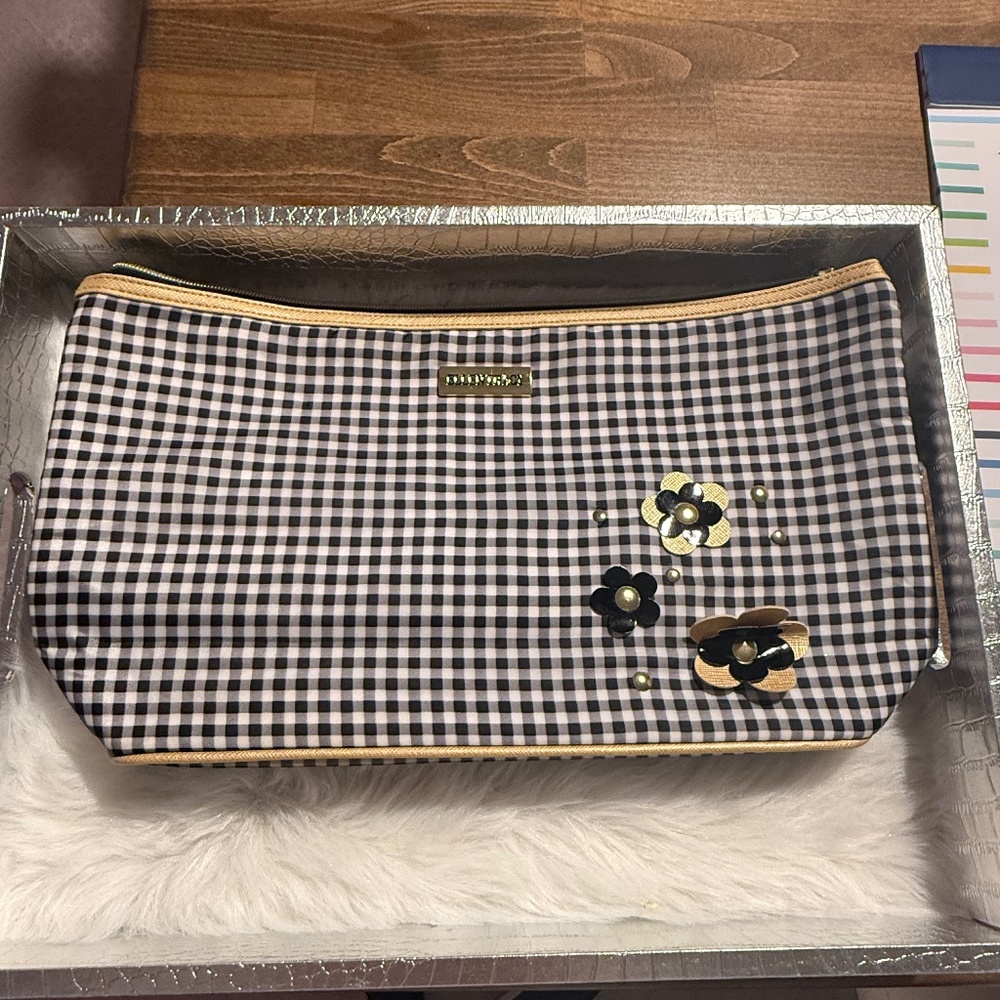 Ellen Tracy Black & White Checker with Gold Trim Cosmetic Bag